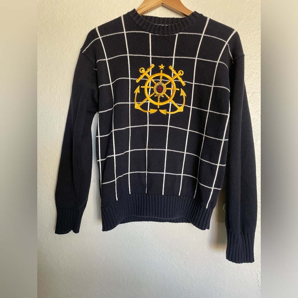 Navy Blue Sweater with Yellow Nautical Design. Size on tag: XL(might be medium